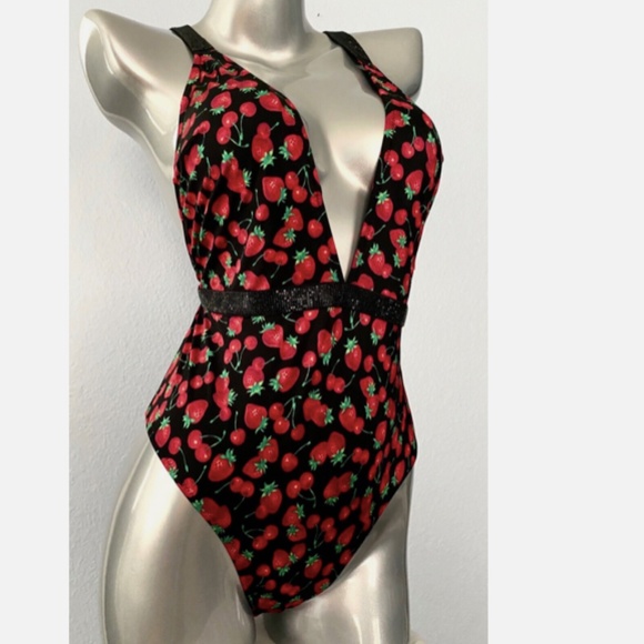 Victorias Secret Black Strawberry Shine Bling Plunge One Piece Swimsuit Swim XS - Picture 2 of 3